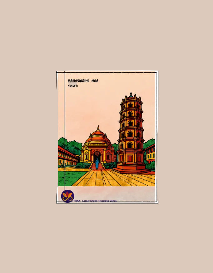 Illustration of a temple complex with a tall tower on a light orange background for a daily planner notebook
