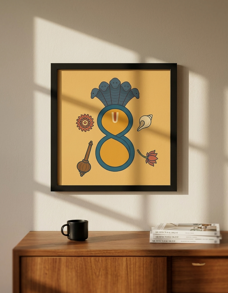 Decorative wall art with a floral design on a beige background, framed in black, displayed on a wooden surface.