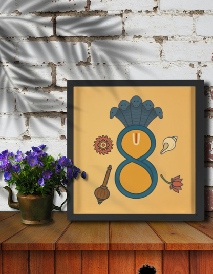 Decorative wall art with a stylized '8' and floral elements on a yellow background, framed against a brick wall.