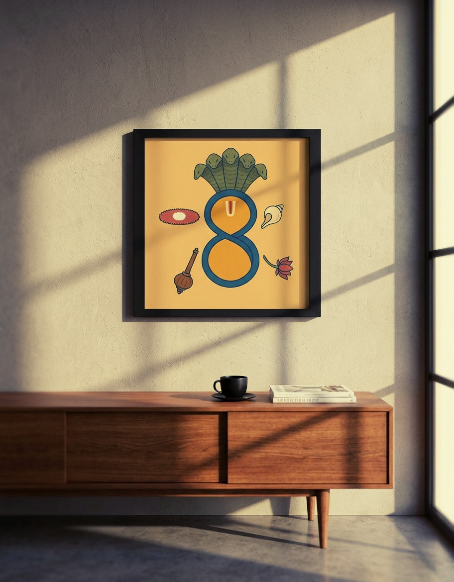 Framed artwork with abstract design on a wall above a wooden console table.