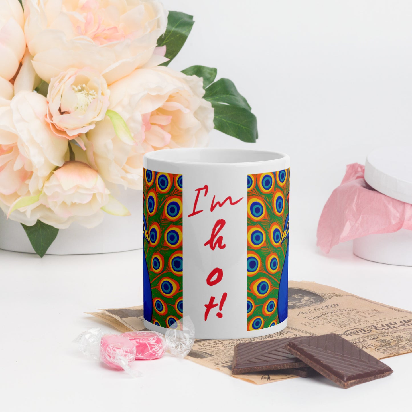 Peacock Tales: White glossy mug