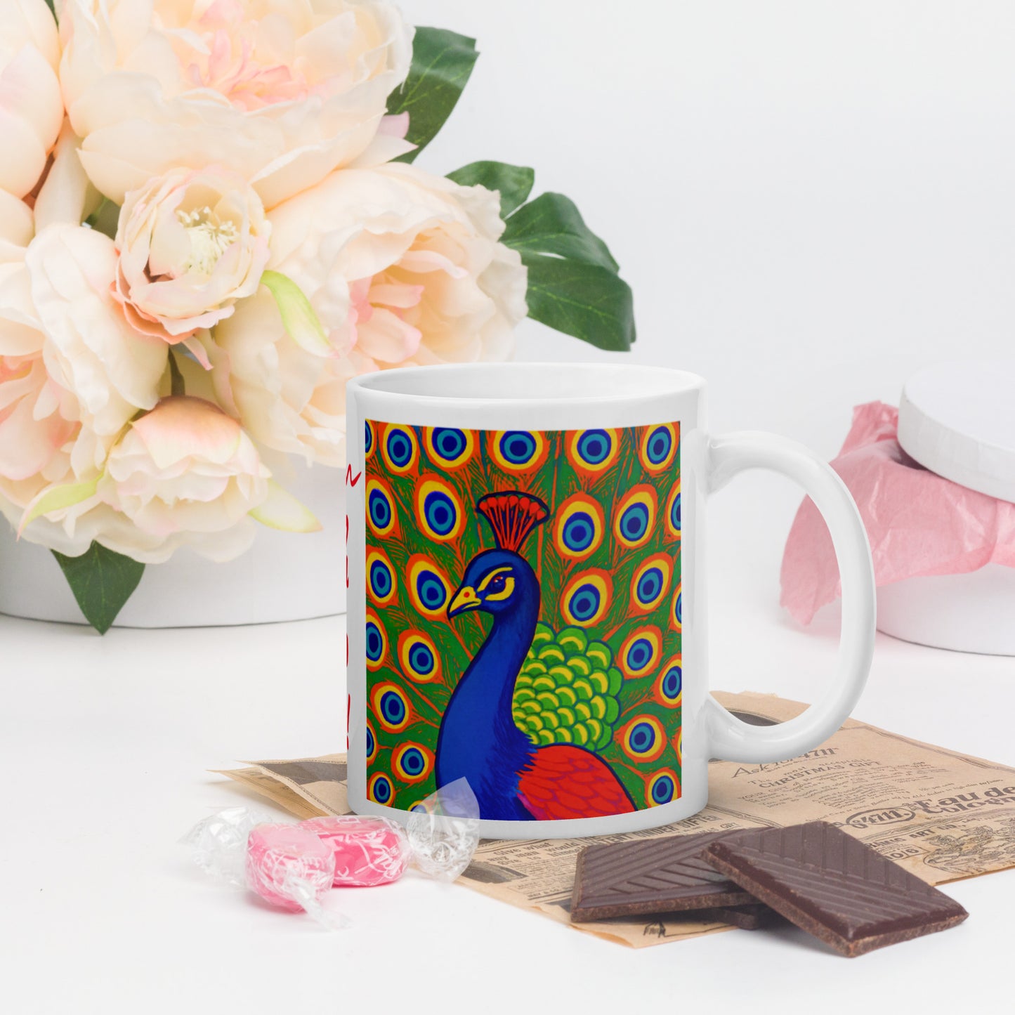 Peacock Tales: White glossy mug