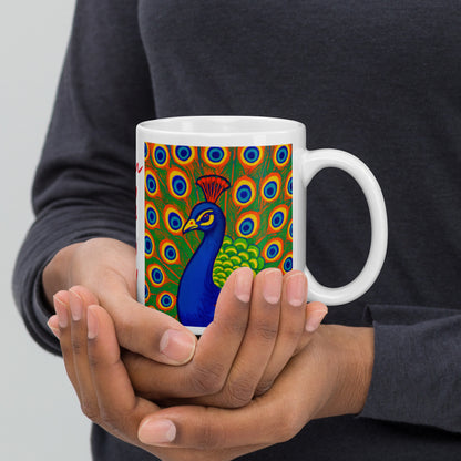 Peacock Tales: White glossy mug